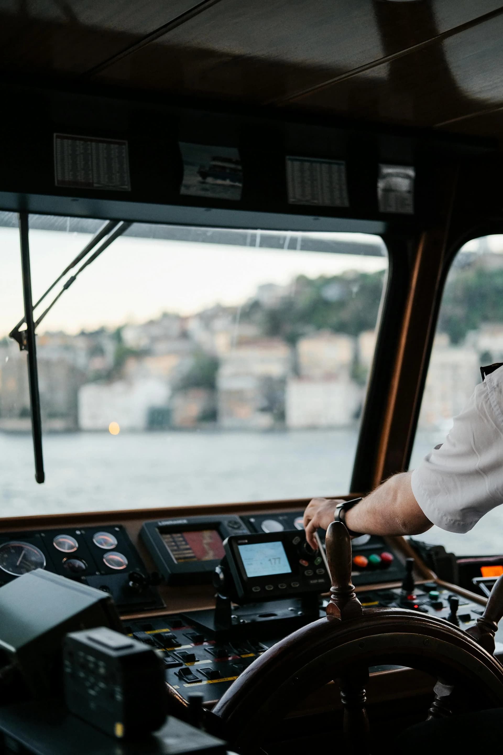 Immersive maritime VR bridge simulator environment showing full-mission ship handling scenario